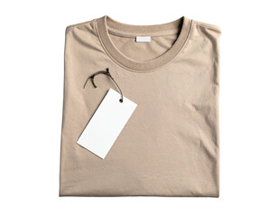 Folded tan t-shirt with a blank white tag attached
