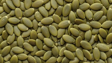 A close-up shot of numerous green pumpkin seeds arranged closely together, creating a dense, textured surface.