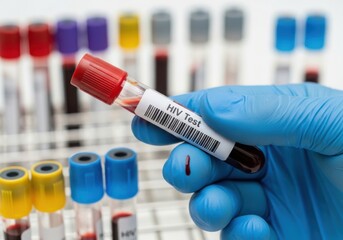 Female scientist or lab technician operating automated blood analyzer machine with sample tubes in a modern, bright clinical laboratory setting