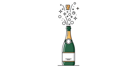 Celebratory pop of a sparkling wine bottle shown in a modern line art illustration. This festive graphic symbolizes a party, success, and joyous moments
