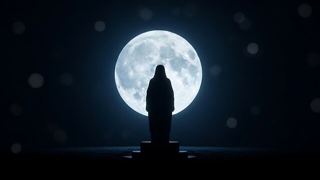 Solitary figure stands silhouetted against a bright, textured full moon in a dark night sky