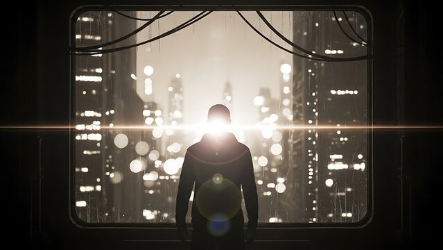 Silhouette of a figure gazing out a window at a brightly lit cityscape with lens flare