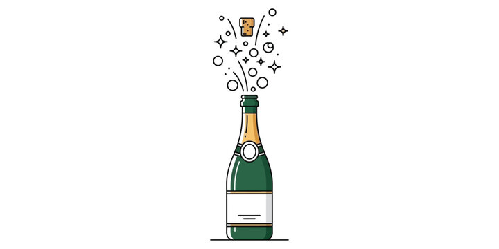 Celebratory pop of a sparkling wine bottle shown in a modern line art illustration. This festive graphic symbolizes a party, success, and joyous moments