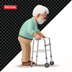Grandpa walking while pushing a walker, 3D vector. Suitable for health