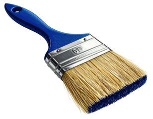 Blue-handled paintbrush with tan bristles on black background