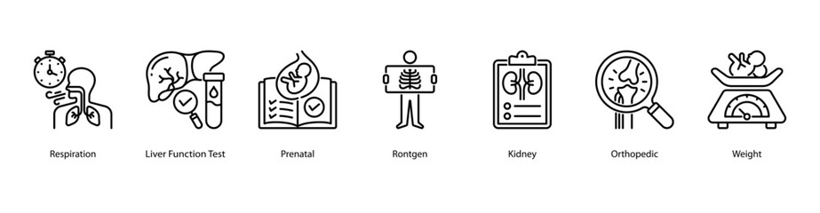 Clinical Health Monitoring web banner icon vector illustration featuring Respiration, Liver Function Test, Prenatal, Rontgen, Kidney, Orthopedic, and Weight for comprehensive body system checks.