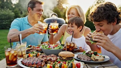 A happy family enjoying a barbecue outdoors with grilled food and cold drinks on a sunny day