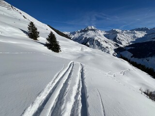 Obraz premium Wonderful winter hiking trails and traces in the fresh alpine snow cover of the Swiss Alps and over the village of St. Antönien - Canton of Grisons, Switzerland (Kanton Graubünden, Schweiz)
