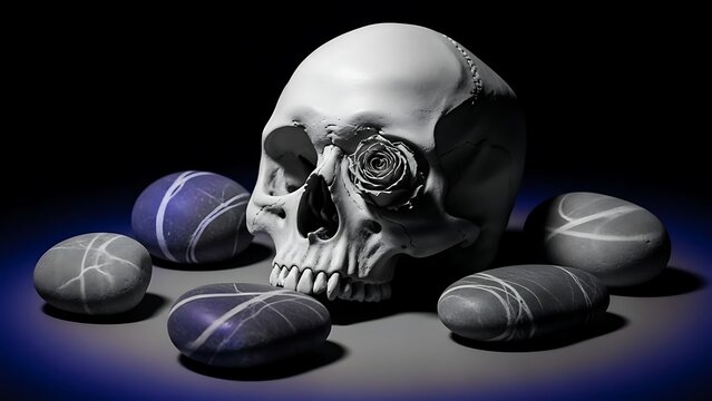 Sculpted skeletal head rests near polished stones with intricate linear patterns under dramatic lighting