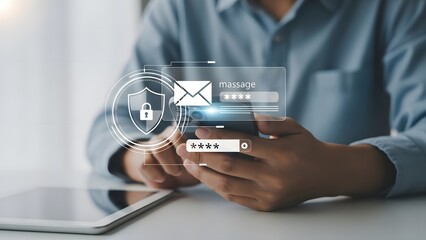 Man using smartphone with digital security overlay for data protection and privacy