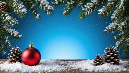 Festive Red Ornament Surrounded by Snowy Pinecones and Foliage