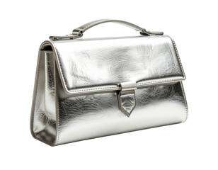 Silver handbag, metallic finish, flap closure, handle