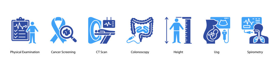 Comprehensive Health Screening web banner icon vector illustration featuring Physical Examination, Cancer Screening, CT Scan, Colonoscopy, Height, Usg, and Spirometry for complete medical evaluation.