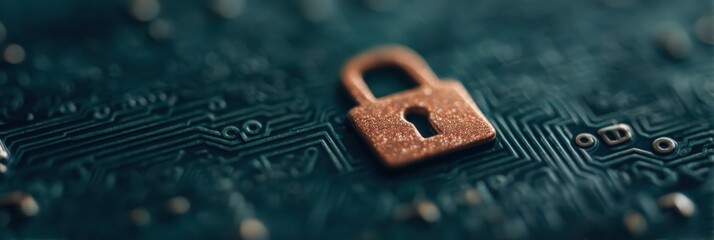 A close-up view of a padlock on a circuit board, symbolizing cybersecurity and digital protection.