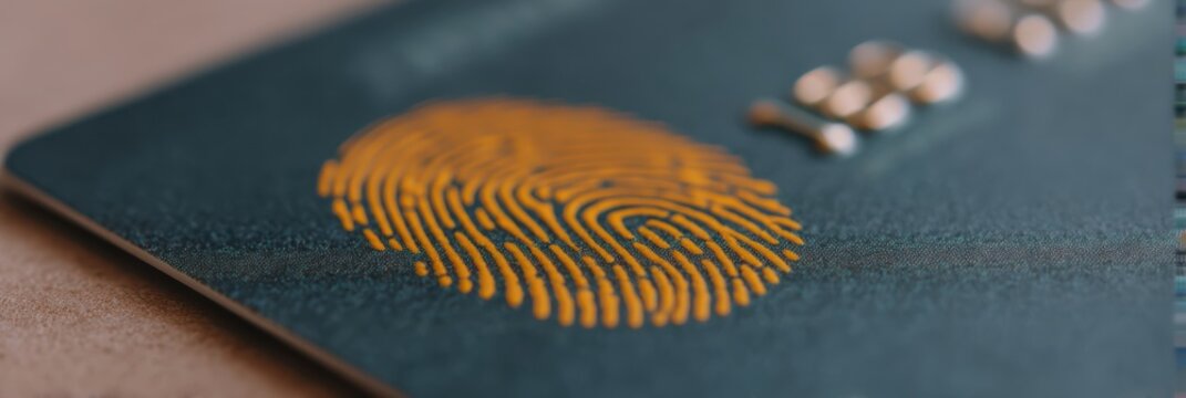 A close-up of a credit card featuring a prominent fingerprint design, highlighting security and personalization in financial transactions. - Powered by Adobe
