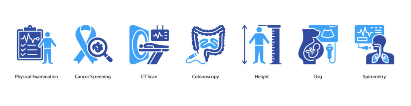 Comprehensive Health Screening web banner icon vector illustration featuring Physical Examination, Cancer Screening, CT Scan, Colonoscopy, Height, Usg, and Spirometry for complete medical evaluation.