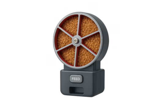 Automatic fish feeder dispensing food with timer on transparent background