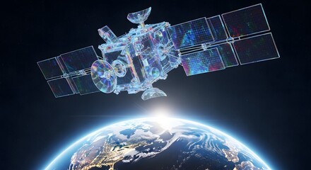 Illustration of digital satellite orbiting earth at sunrise, representing global communication, technology, and space exploration concept
