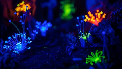 Glowing flora in a dark, mystical underwater or alien world with fiber optic lights