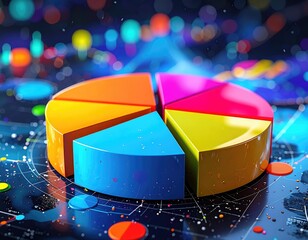 Colorful pie chart atop abstract data visualization