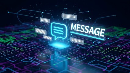 Futuristic communication concept with glowing message icon on a digital circuit board