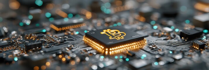 Close-up of a computer circuit board featuring a Bitcoin chip, symbolizing cryptocurrency and technology integration.