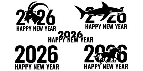 Illustrations showing happy new year with the year 2026 and animals including a goat shark and horse on transparent background silhouette