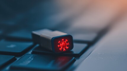 A USB device with a red virus symbol rests on a keyboard, symbolizing technology and cybersecurity in a digital context.