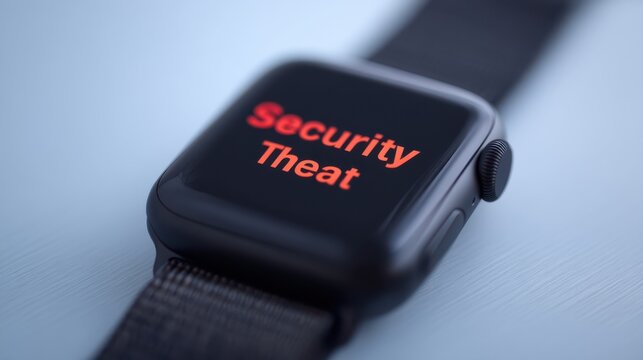 A close-up of a smartwatch displaying the words "Security Threat" in bold red on its screen, emphasizing digital security concerns.