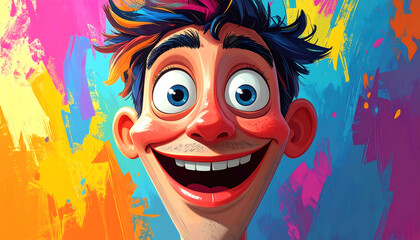 A joyful cartoon man with vibrant, multicolored hair and a huge, happy smile against an abstract, colorful background.