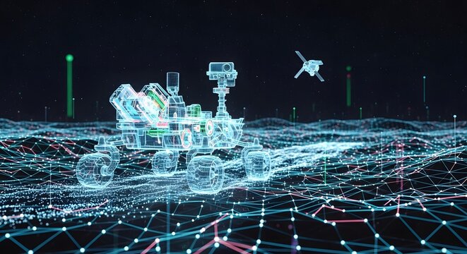 Illustration of wireframe holographic representation of a mars rover exploring a digital landscape with an orbiting satellite above
