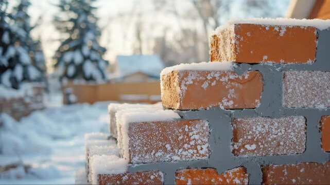 Winter construction scene with snow-covered bricks in a serene outdoor setting