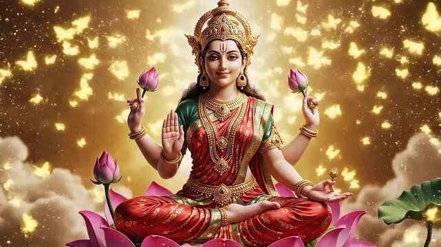 Divine Goddess Lakshmi on Lotus Symbol of Wealth and Prosperity