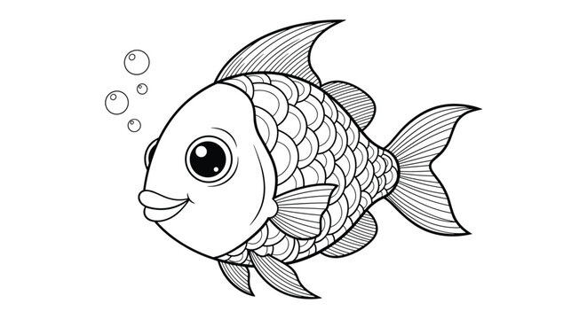 An adorable cartoon fish with large eyes and a happy smile, swimming and blowing bubbles, depicted in black and white line art.