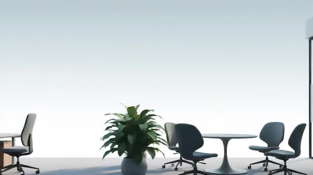 A clean and professional office space featuring empty workstations with computers and chairs, complemented by lush green plants for a vibrant atmosphere. Bright ambient light illuminates the area.