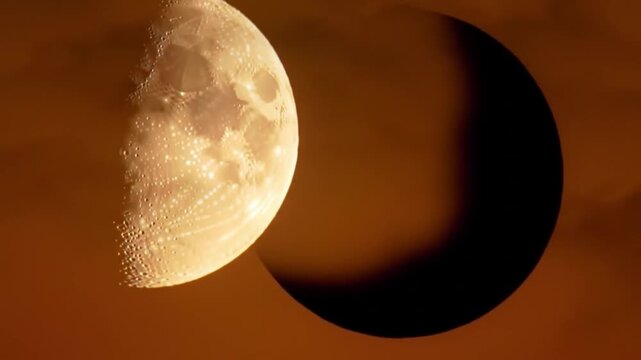 Abstract illustration of two celestial bodies in a warm textured space