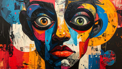 A vibrant abstract portrait of a face with wide, intense eyes, featuring a colorful, fragmented and expressive style.