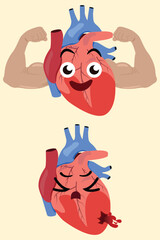 Strong healthy heart and injured bleeding heart illustration showing contrasting emotional conditions.