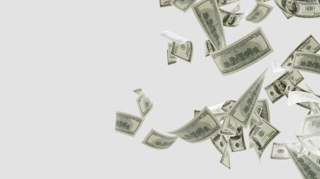 3d dollars bills falling down animation. Money rain loop One hundred dollar, Banknotes Money Flying, United States dollars falling transparent alpha channel 4k video., Money rains from the sky.	
