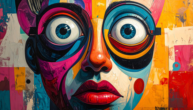 A vibrant abstract portrait of a face with large, expressive blue eyes, rendered in a colorful, cubist-inspired style with bold geometric patterns.