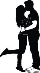 Romantic couple silhouette kissing passionately in a close embrace, man and woman showing love and intimacy, black vector illustration.