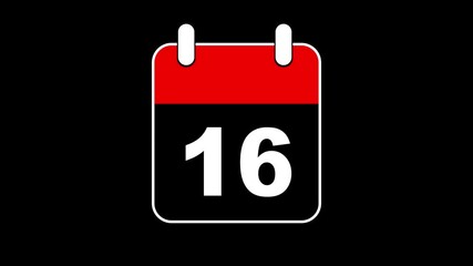Modern calendar icon animation showing date number 16 on Clean and minimal design concept. Alpha Channel. Event reminder symbol. 4K Video motion graphic animation .Abstract calendar icon with date 