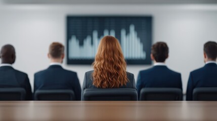 A group of professionals sits in a meeting, facing a screen displaying data visuals, emphasizing teamwork and business discussions.
