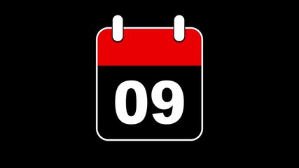 The Calendar Flips 2D Cartoon Animation. Alpha Channel. Calendar icon with number 09 on black background. template for digital scheduling, smart reminders, countdown interfaces, and timeline. 
