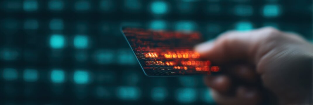 A hand holding a glowing card against a dark, digital backdrop, emphasizing themes of technology and finance.