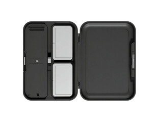 Open, black, clamshell-style case with insert compartments