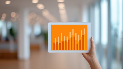 A hand holds a tablet displaying colorful bar graphs against a blurred office background, suggesting data analysis or business performance.