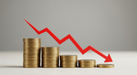 Financial downturn concept: Stacks of coins with a downward-pointing red arrow