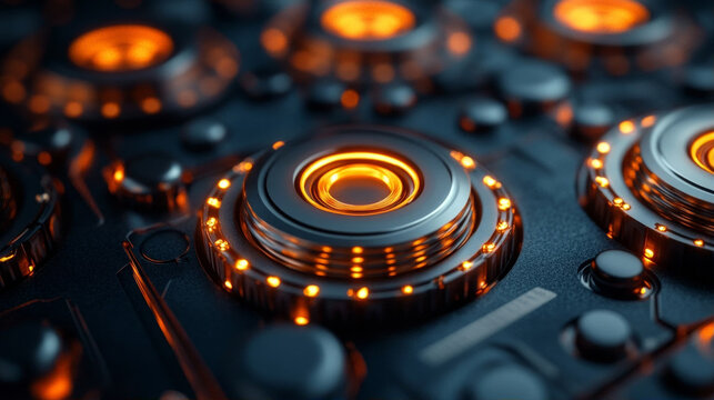 Abstract futuristic technology background with glowing orange circuit components and high-tech electronic hardware