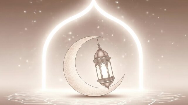 Ramadan Kareem glowing mosque arch with crescent moon and hanging lantern, Islamic holy month celebration.